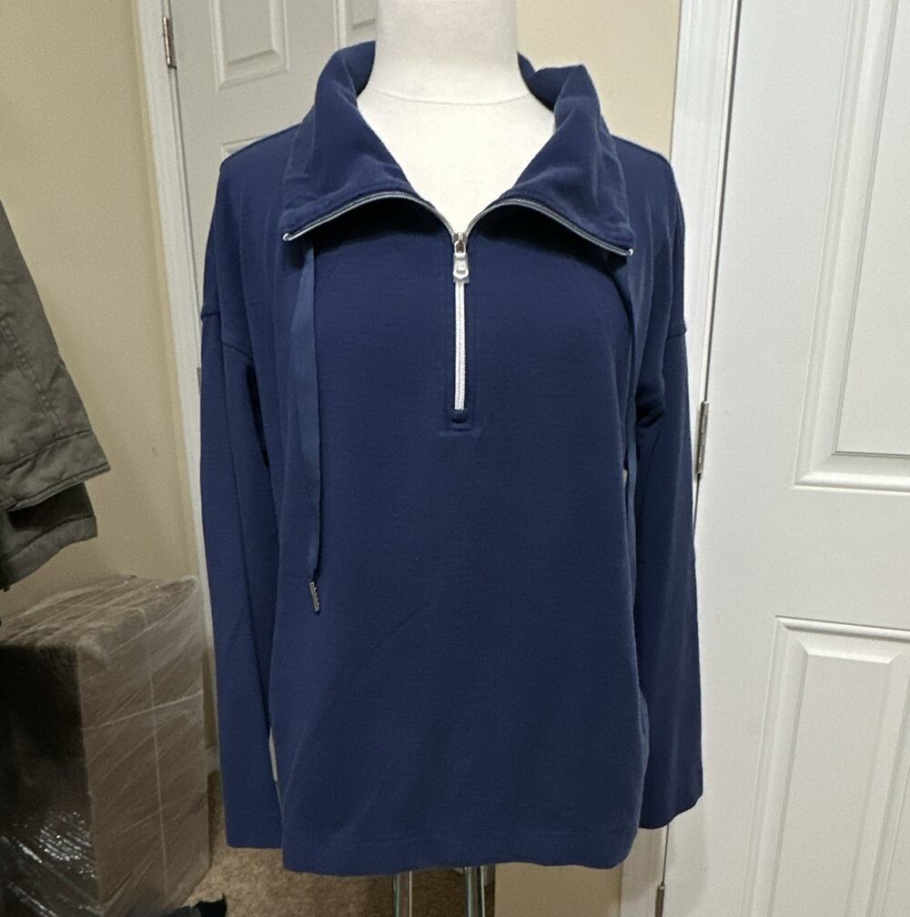 Tommy Bahama Women's Blue 1/2 Zip Logo Pullover Hoodie Pockets Cotton L